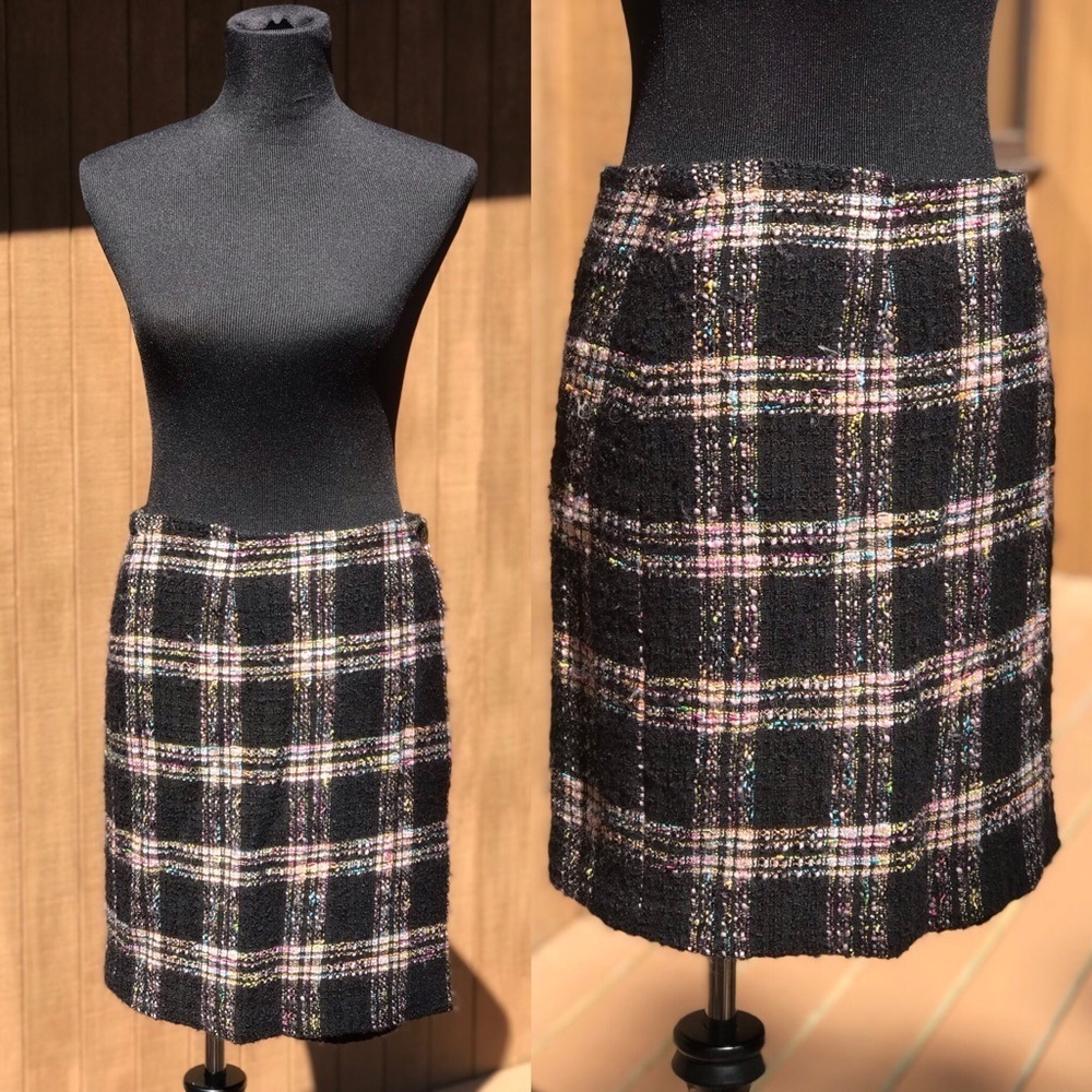 Emil Rutenberg Tweed Bouclé Knit Plaid Pencil Skirt Black Pink Luxury 10